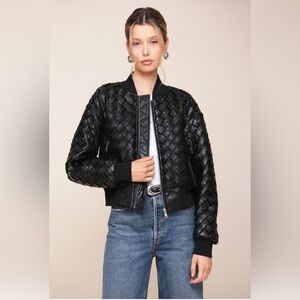 Avec Les Filles WOVEN FAUX-EVER LEATHER™ BOMBER JACKET Size S NWT